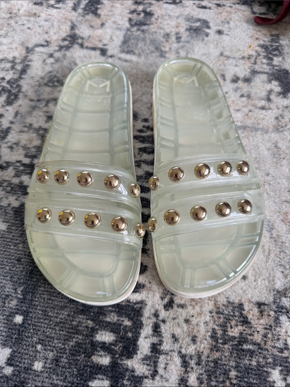 Clear Jelly Slide Sandals with Gold Stud Accents - Women